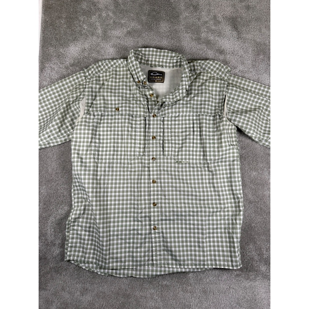 Drake Waterfowl Mens Green Gingham Plaid Short Sleeve Fishing Shirt Medium